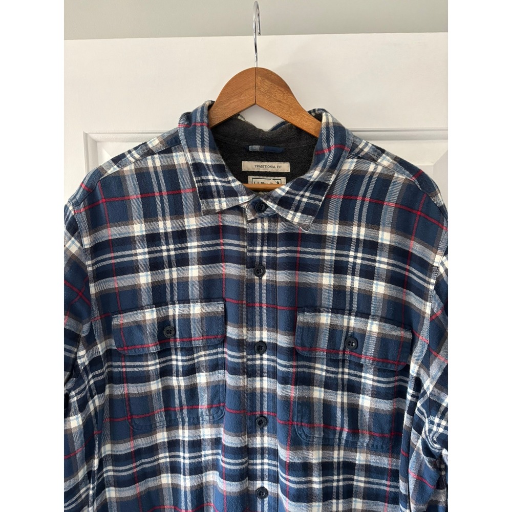 LL Bean Flannel Shirt Jacket Mens XL Blue Plaid Fleece Lined Outdoor Heavy